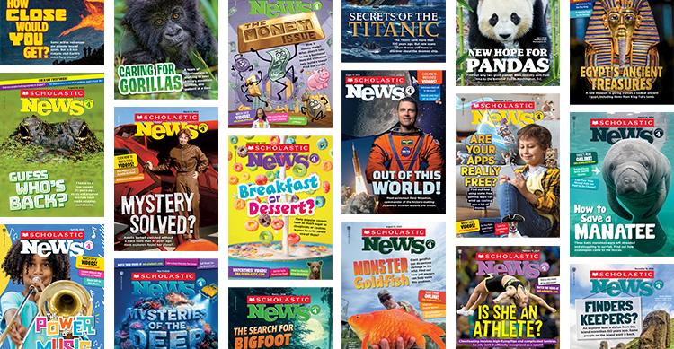 Collage of Scholastic News magazine covers on various topics for young readers