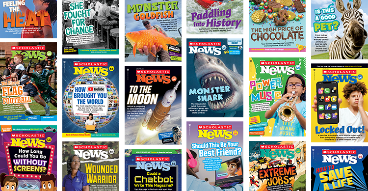 Collage of Scholastic News magazine covers on a variety of topics for young readers