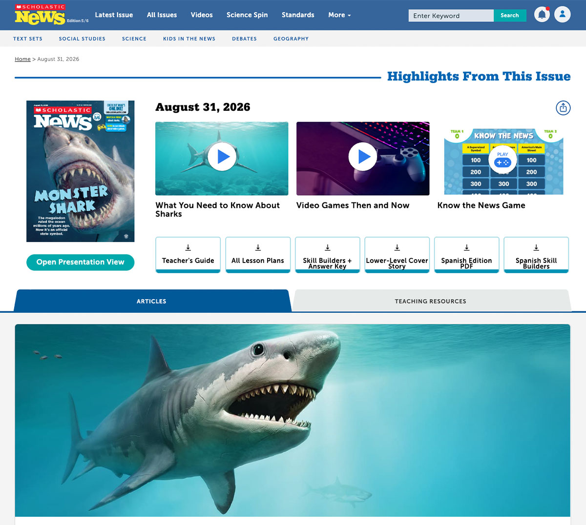 Scholastic News Edition 5/6 website showing highlights from the August 31, 2026 issue on Monster Shark
