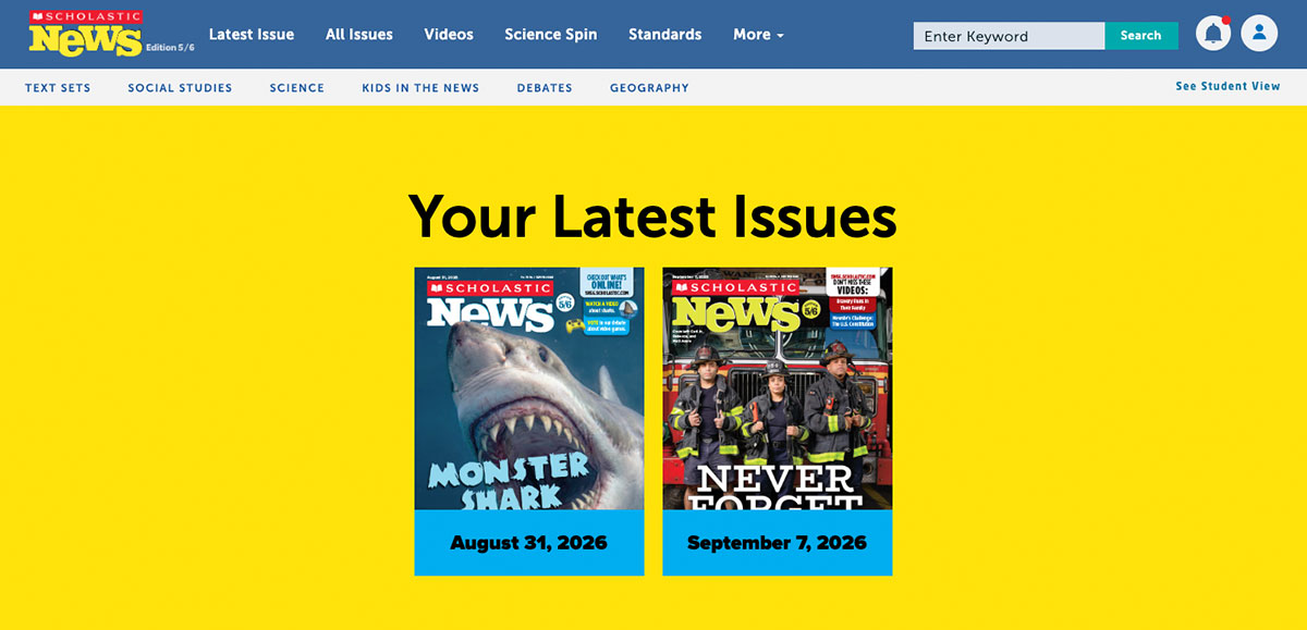 The Scholastic News website shows two latest issues dated August 31 and September 7, 2026