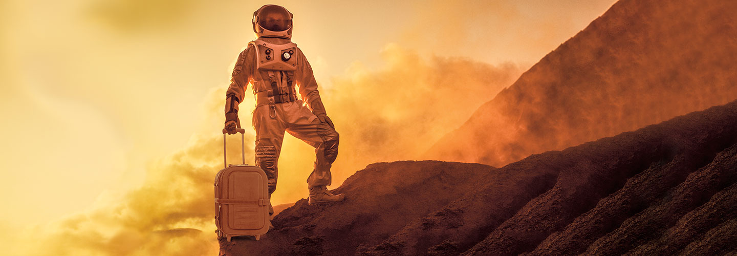 A person in an astronaut suit stands on a hill with a suitcase