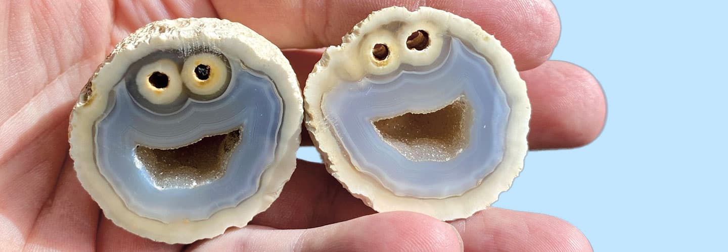 Two split open halves of a geode look like cookie monster’s face