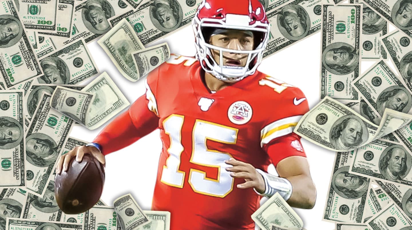 An NFL quarterback surrounded by money