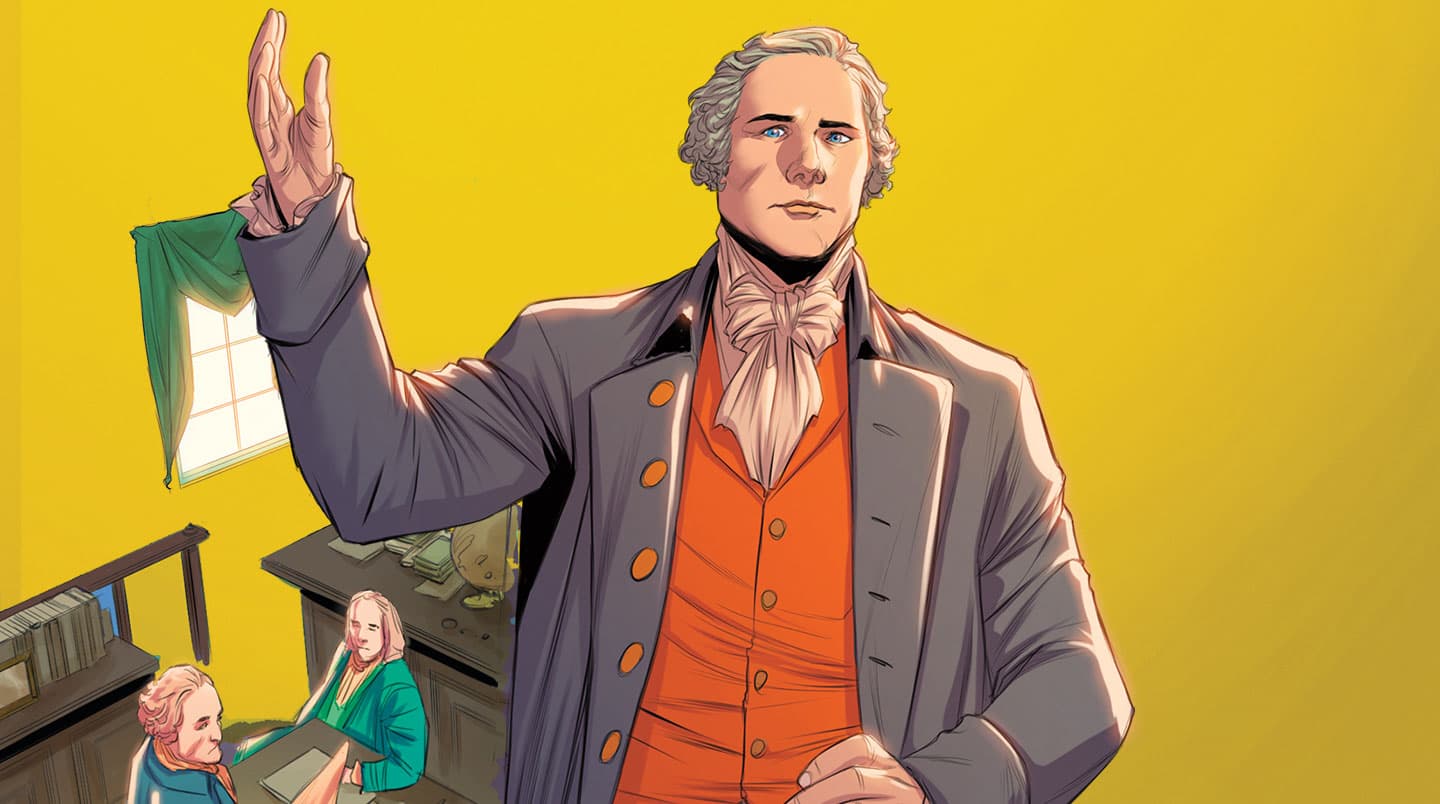 Alexander Hamilton raises his arm and hand