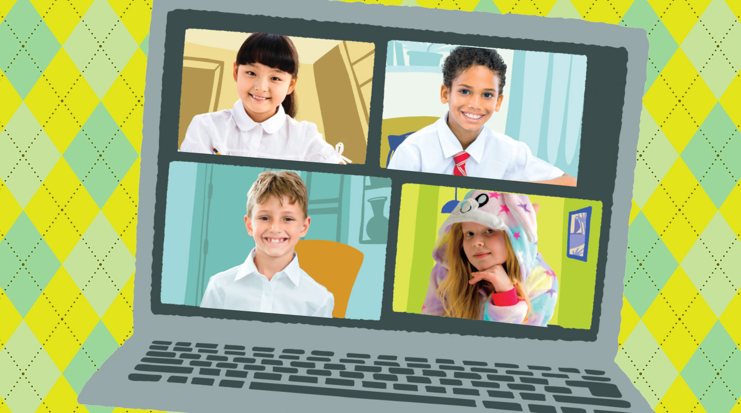 A video call with four smiling kids on a laptop screen.