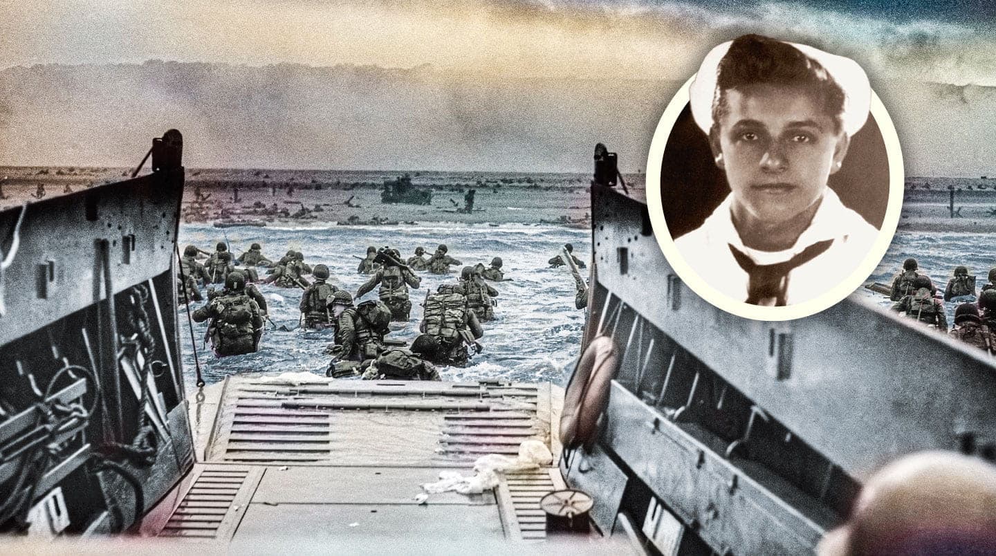 Soldiers disembark from a landing craft into the water. Inset Frank DeVita wears a uniform