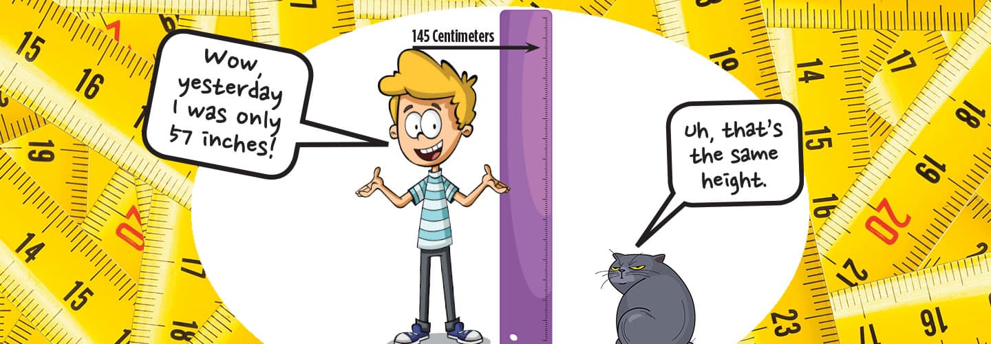 Illustration of a student measuring their height in centimeters