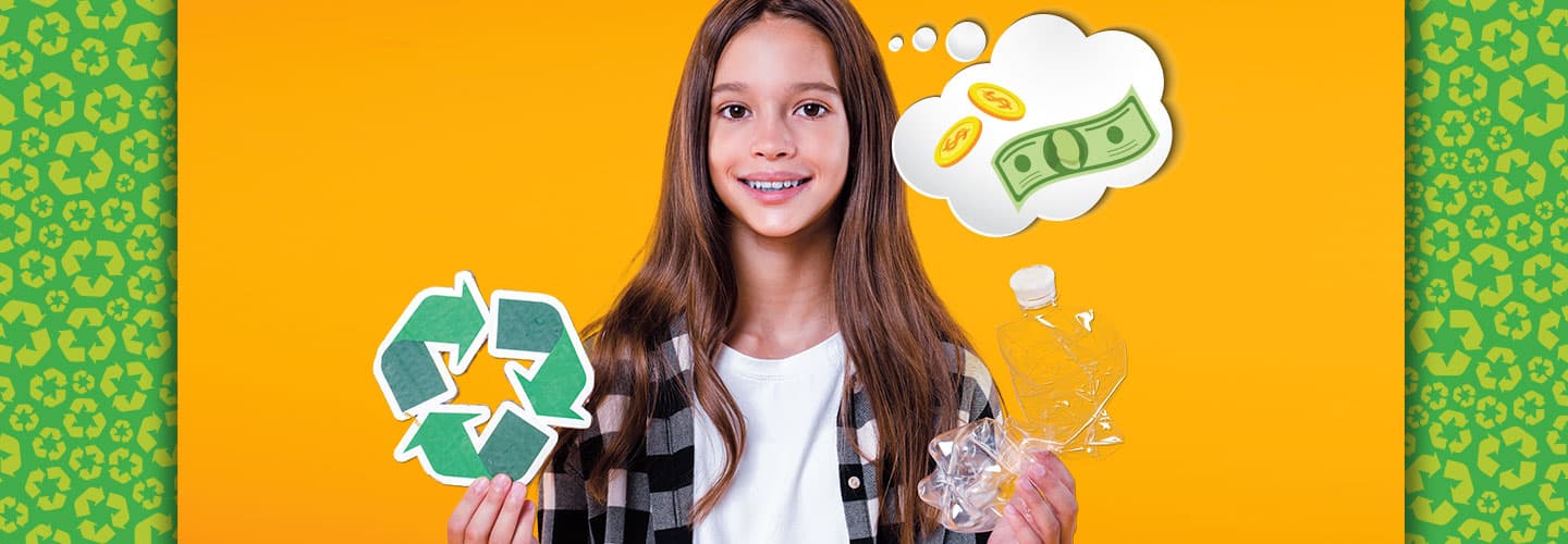 A young girl thinks about money while holding a recycling sign and a plastic bottle