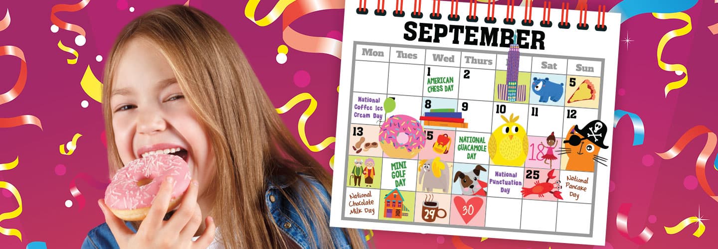 A girl eating a donut and holding up a decorated calendar
