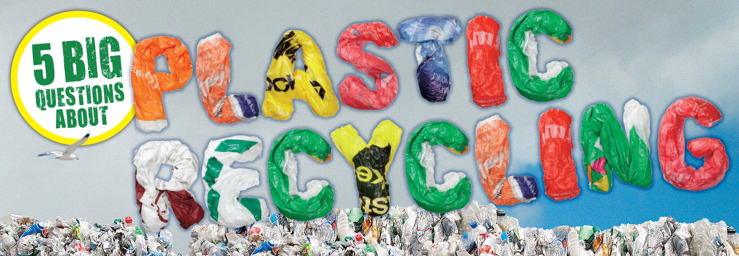 Image of text wrapped in plastic: 5 Big Questions About Plastic Recycling