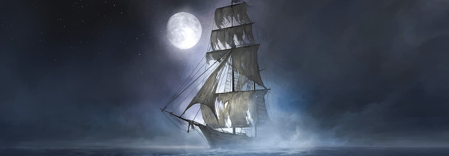 Haunted ship traversing the night sea with a full moon