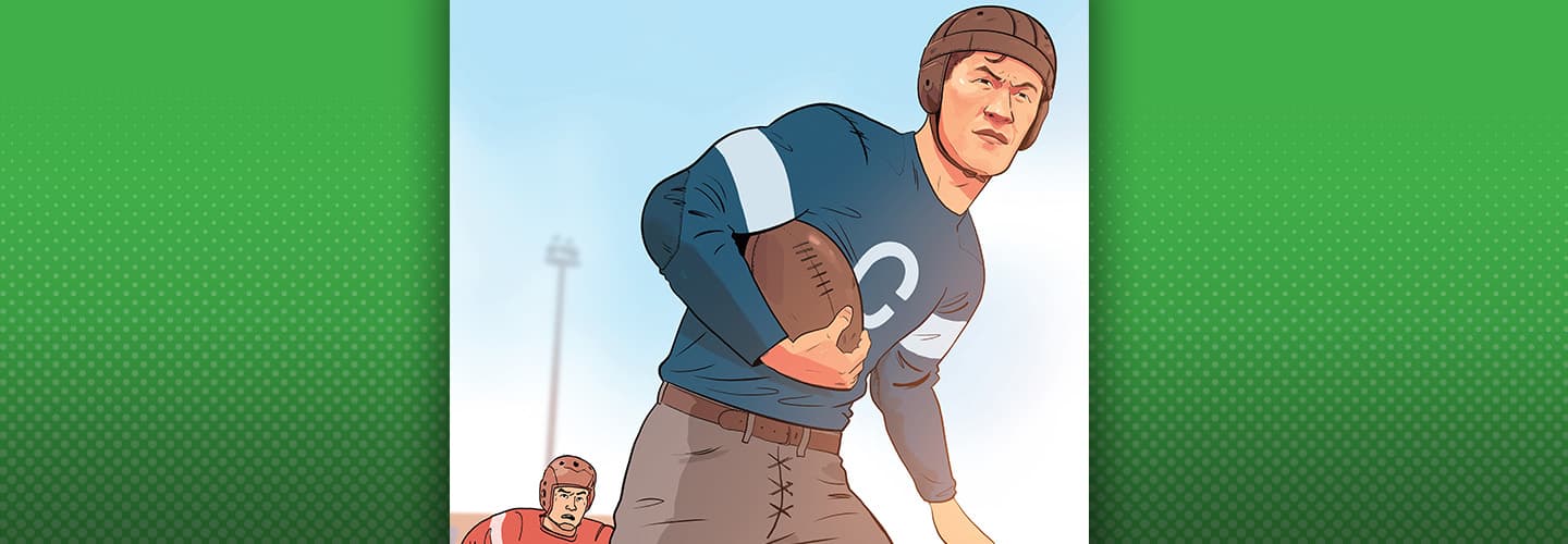 Comic illustration of Jim Thorpe playing football