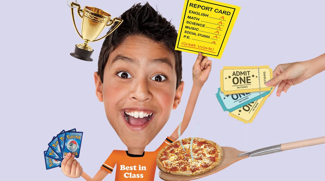 A smiling boy surrounded by rewards including a trophy, report card, tickets, and pizza