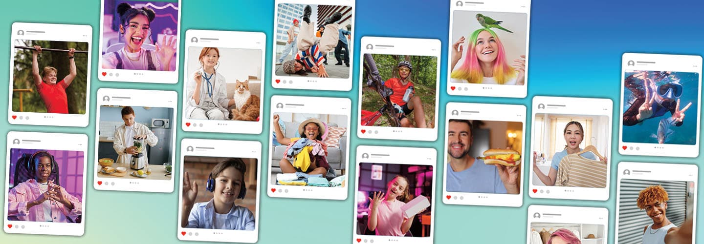 Collage of diverse young people in social media post frames showing various hobbies and activities