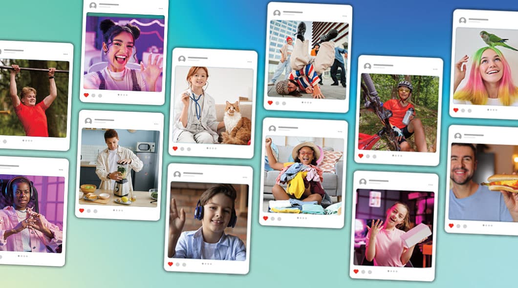 Social media-style cards showing diverse children and teens in various activities