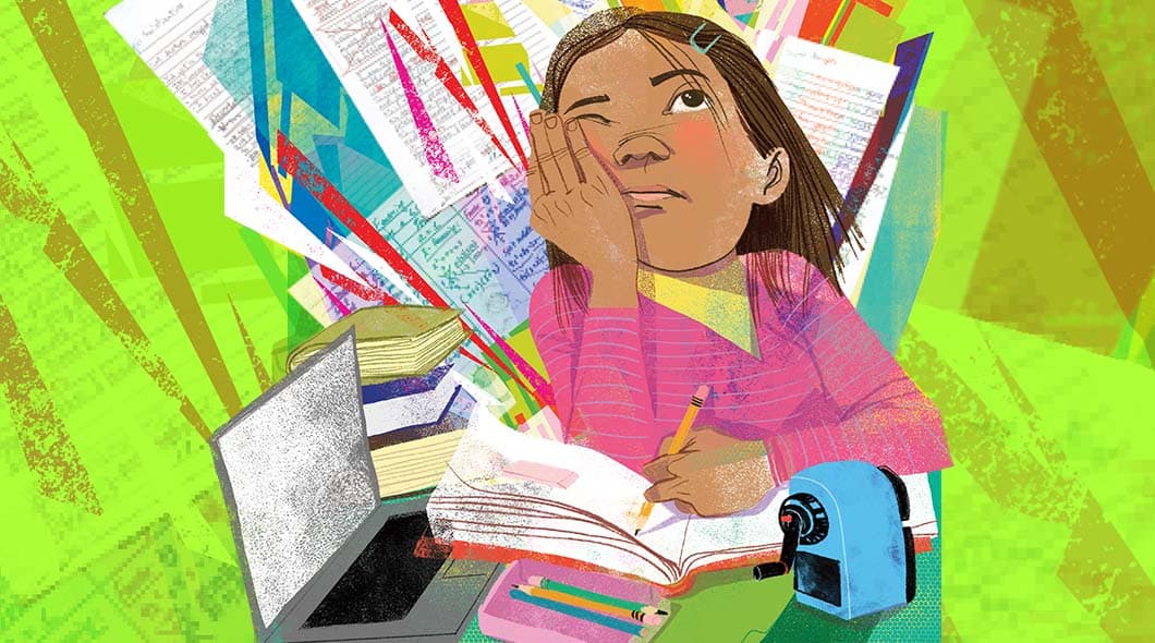 A girl in a pink shirt sits at a desk with books, papers, and a pencil sharpener, thinking