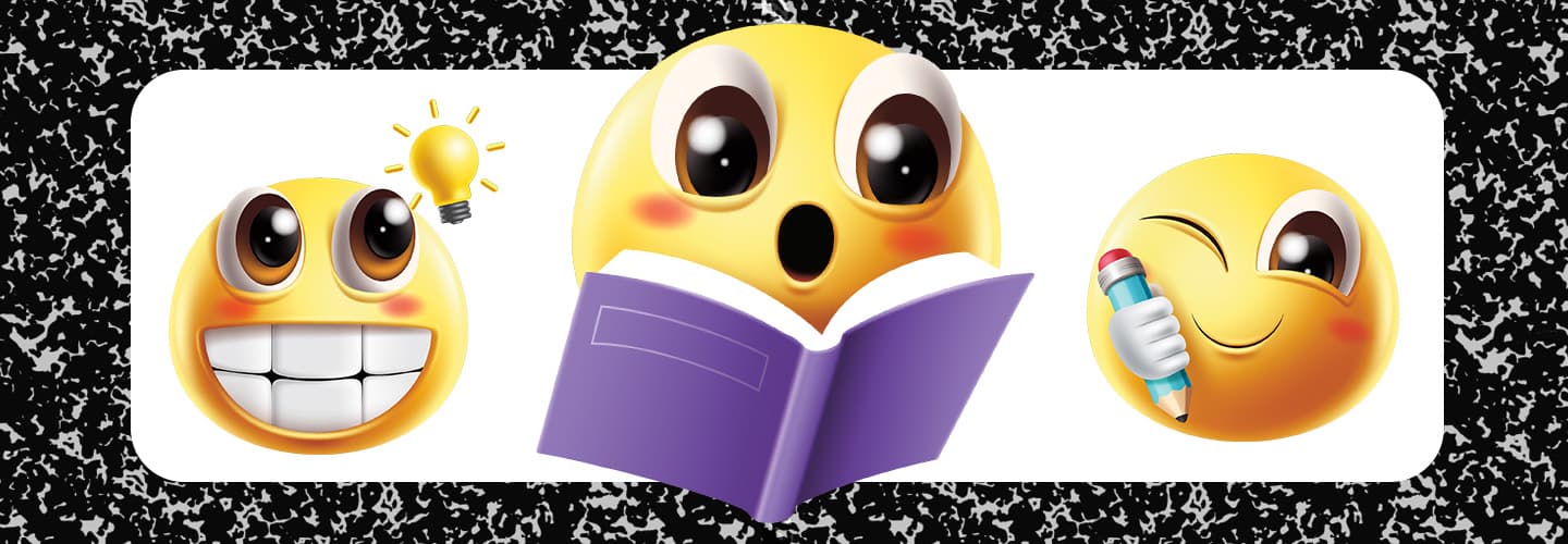 Three emoji faces with a light bulb, an open book, and a pencil on a notebook background