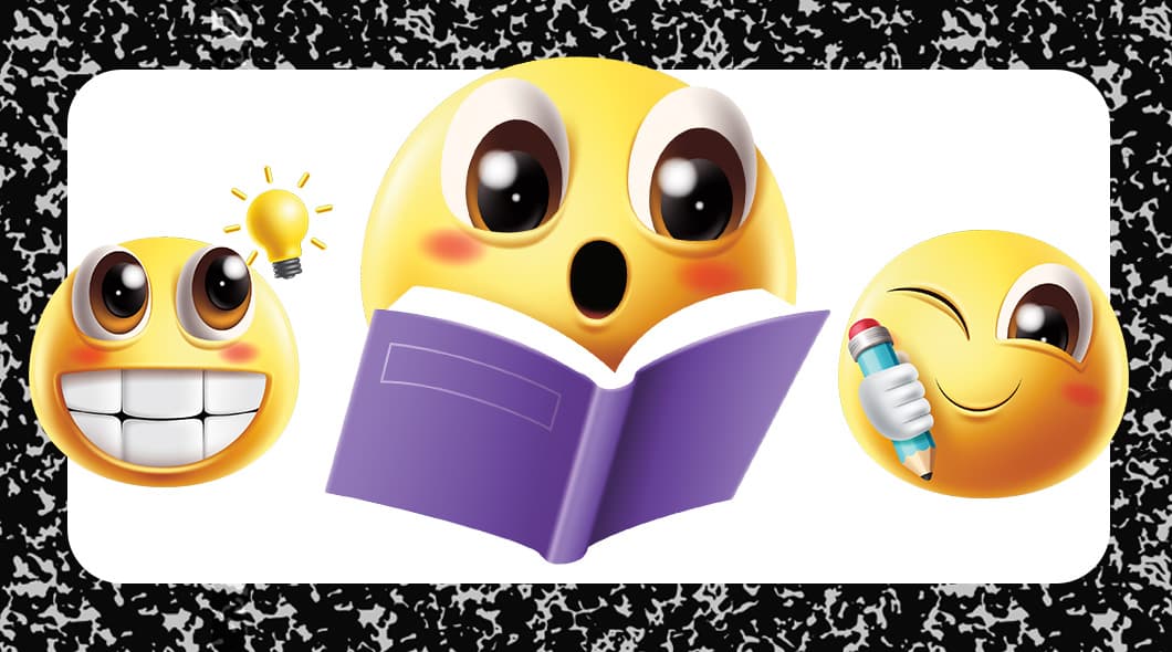 Three emoji faces with a light bulb, an open book, and a pencil on a notebook background