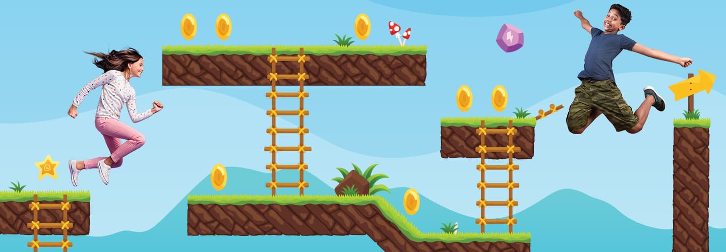 Two children jump and run across platforms in a side-scrolling video game world with coins and ladders