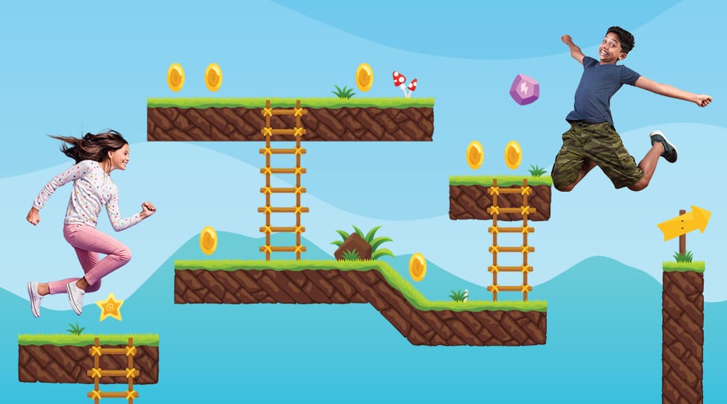 Two children jump and run through a side-scrolling video game world with platforms and coins