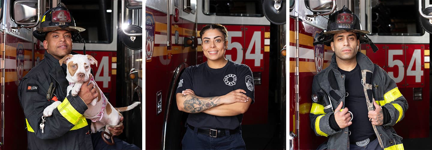 Three portraits of firefighters in uniform posed in front of a red fire truck