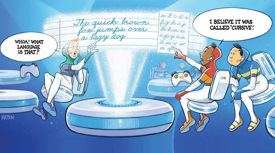 Three futuristic children view a holographic display of cursive handwriting and react with confusion
