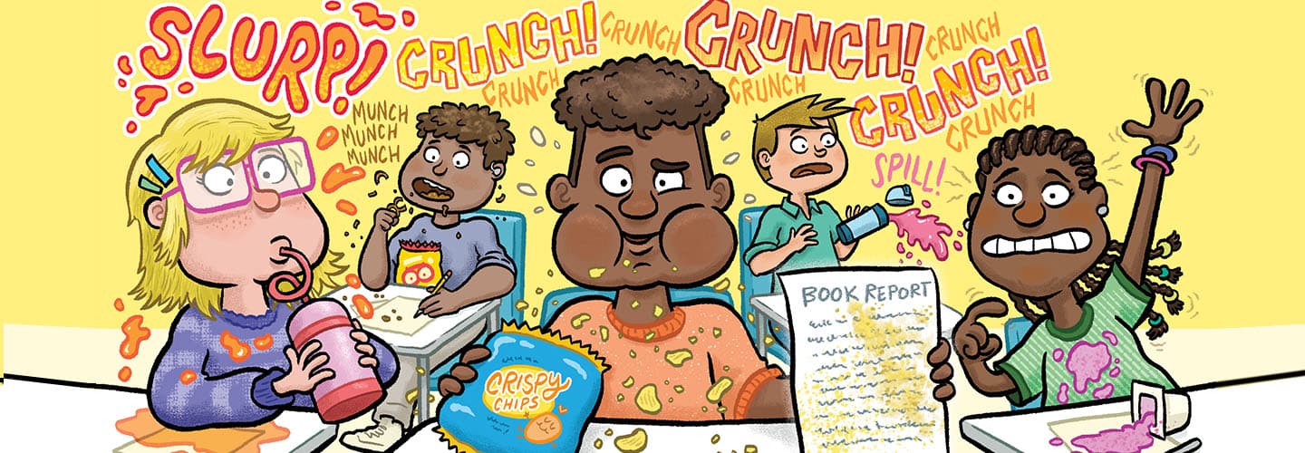 Five students eat snacks at desks while a girl raises her hand & another holds up a book report