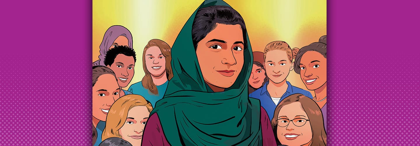 Illustration of Malala Yousafzai and smiling people surrounding her