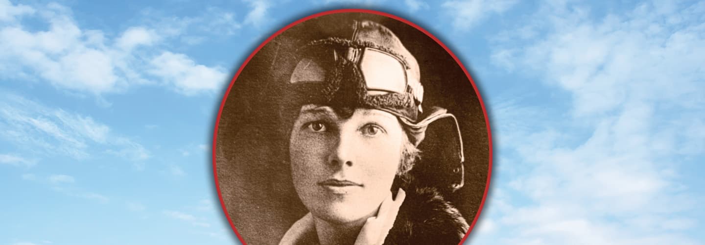 Sepia tone headshot of Amelia Earhart in front of a sky background